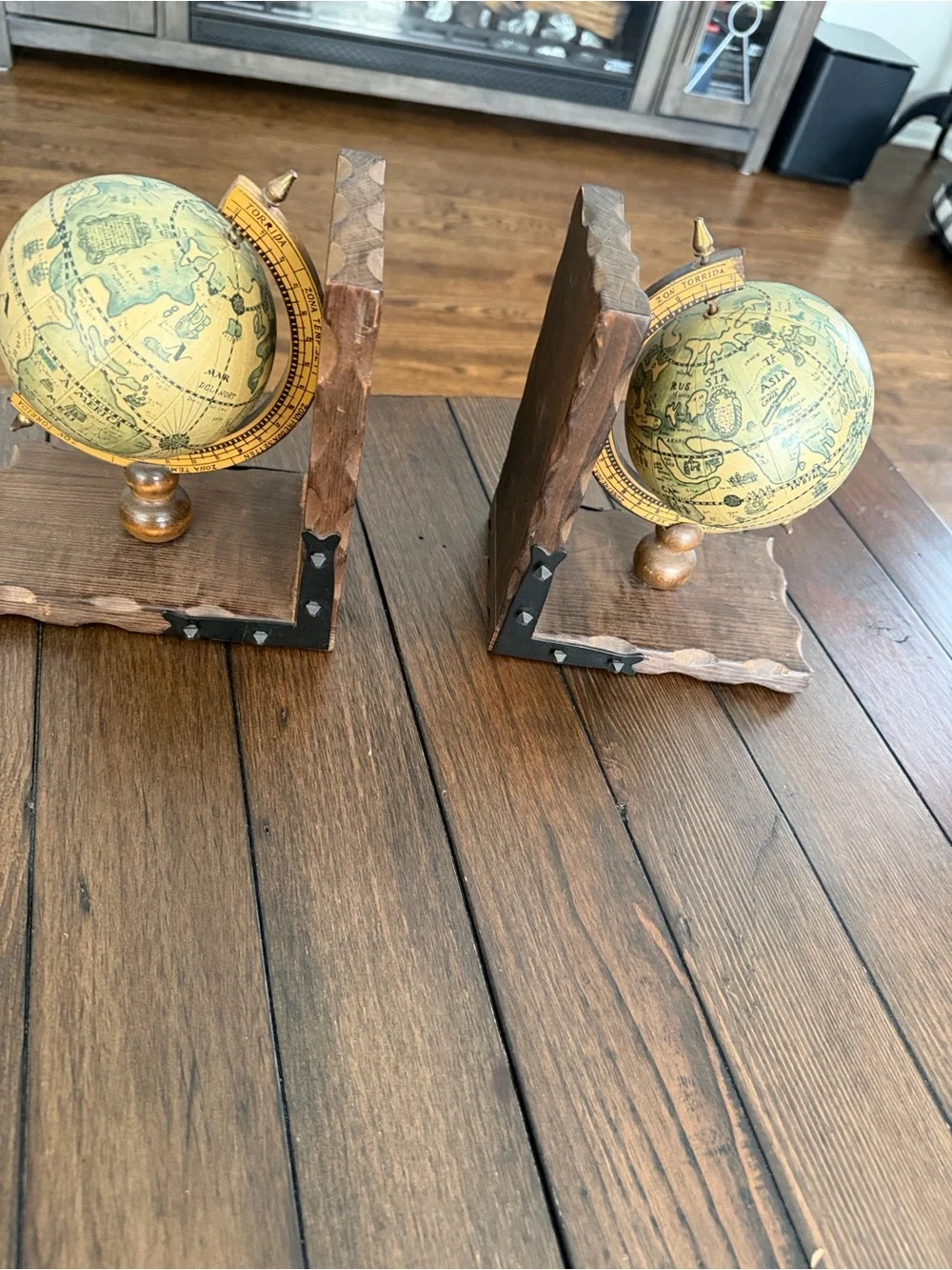 Vintage Globe Bookends Spinning Decorative Old World Wooden Rustic Metal